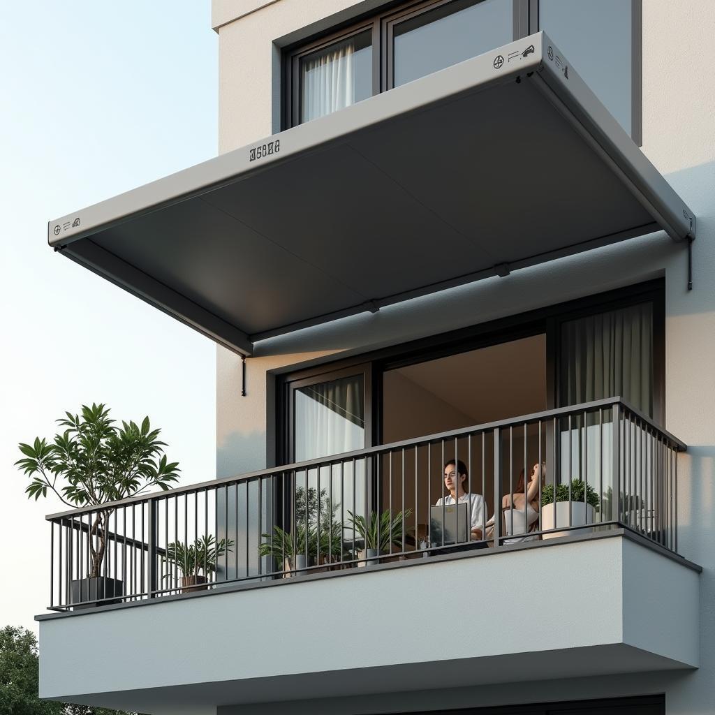 Mẫu mái hiên di động gọn gàng trên ban công nhà phố hiện đại tại Hải Phòng, màu xám sang trọng.